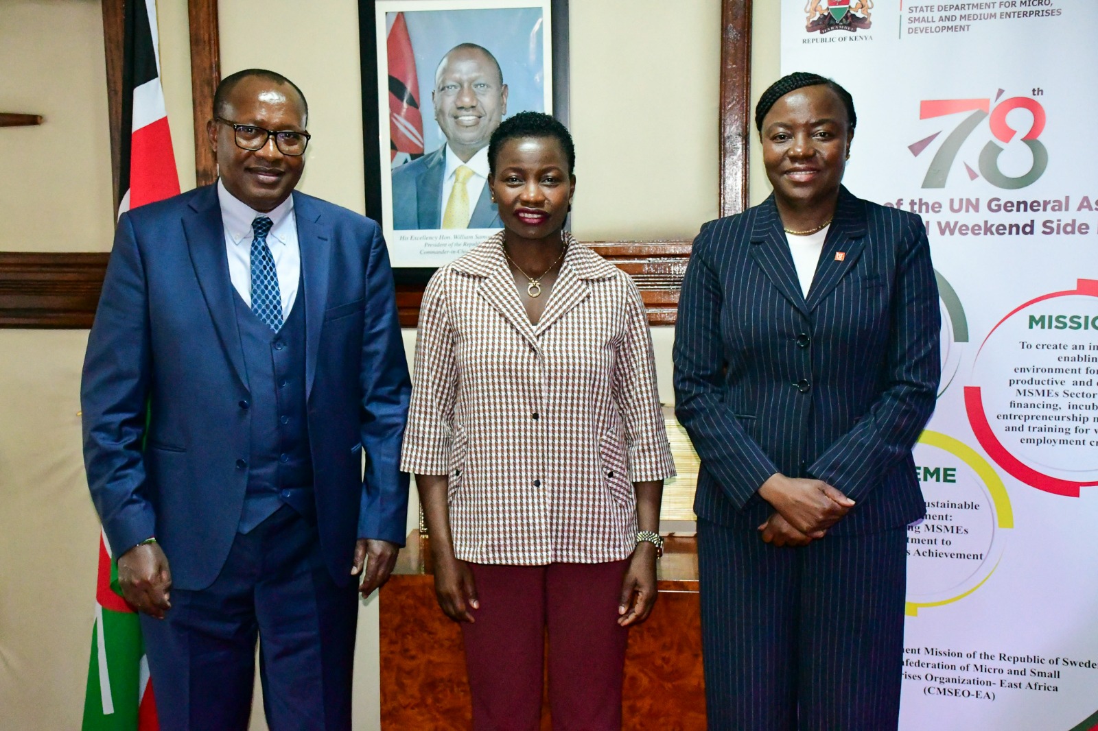 Principal Secretary Hon. Susan Mang'eni, Director General African Development Bank (EADB) Madam Vivian Yeda and KIE MD Mr. Charles Mativo after consultations meeting on strengthening MSMEs