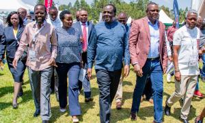 Kisumu governor Anyang' Nyongo', PS MSME Susan Mang'eni, CS Co-op & MSME Wycliffe Oparanya alongside Deputy Chief of Staff performance and delivery Management Eluid Owalo