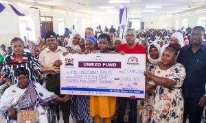 Principal Secretary MSMEs Development Hon. Susan Mang'eni, CBS alongside Member of Parliament Nyali Hon. Mohamed, Mohamed Ali issue Nyali Constituency Groups Uwezo Fund Loans