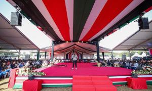 Principal Secretary MSMEs Development Hon. Susan Mang'eni addresses beneficiaries at a NYOTA Business Capital Disbursment