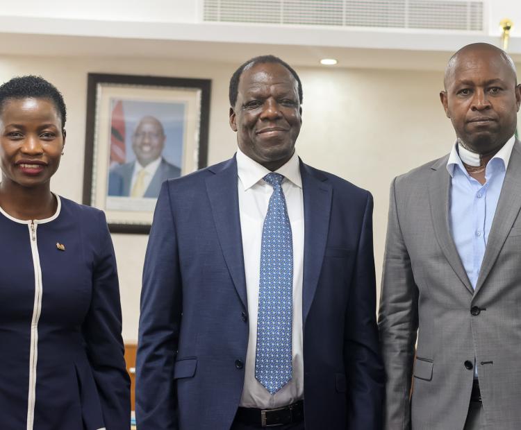 Newly appointed CS Hon. Oparanya (center), PS Co-operatives Hon. Kilemi and MSME Development PS Hon. Mang'eni group photo